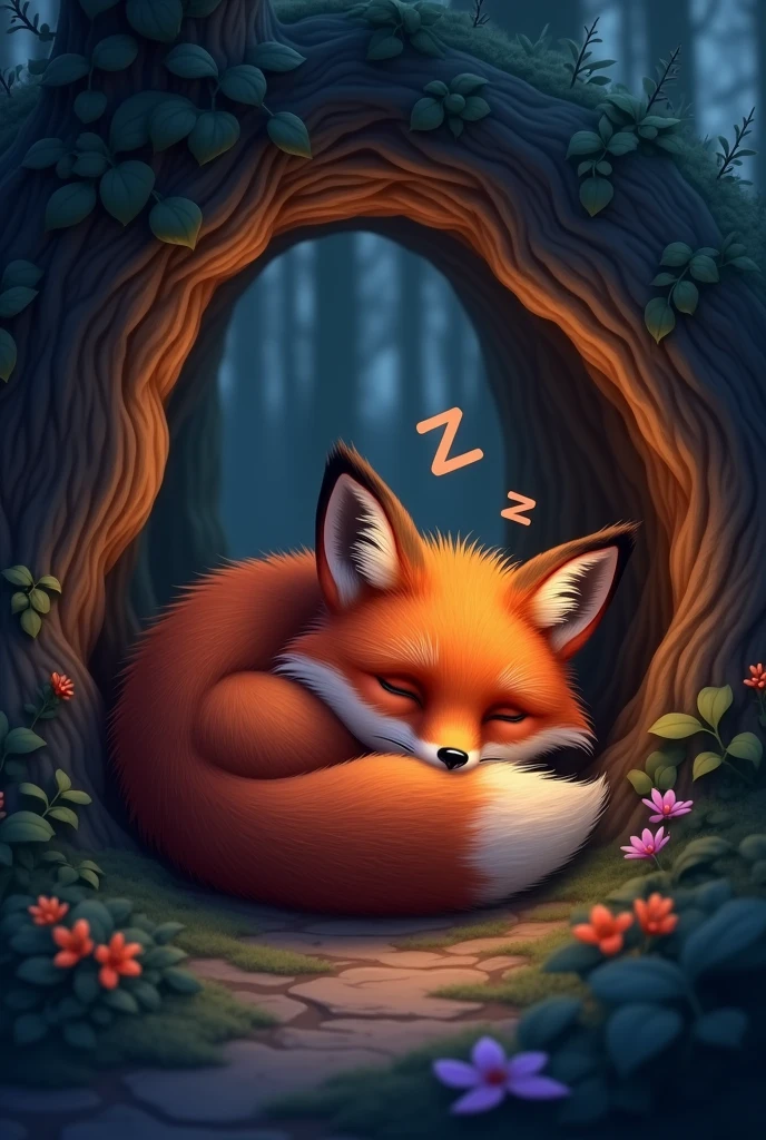 a red fox sleeping in a cave, curled up with a drowsy expression, zzz symbols above its head, cute realistic style, night forest background, (best quality,4k,8k,highres,masterpiece:1.2),ultra-detailed,(realistic,photorealistic,photo-realistic:1.37),highly detailed animal anatomy,extremely detailed fur texture,intricate details,glowing eyes,atmospheric lighting,dramatic shadows,moody colors,vibrant colors,warm tones