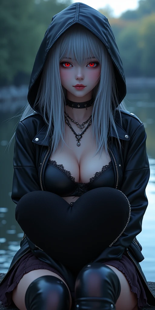 (best quality, ultra-detailed, photorealistic: 1.39), bright and vibrant colors, studio lighting, romantic expression, An effeminate girl, with a delicate and beautiful face. Beautiful and adult woman with her straight loose silver hair matches the gothic makeup, her dark red eyes and mischievous smile, with her large seductive breasts, cleavage, dark style, hood, leather jacket, pleated skirt with belt, dark makeup. She have a horny face, like a manwha character, chain details, in the park at night, Sitting by the lake, water reaches her black boots, seductive cleavage, manga style, anime features manga style, fully body , she is in love, like a manwha character style