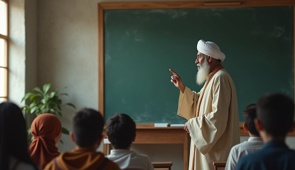 Photorealism:1.2) guru, lelaki, time, Muslim, facing sideways,teach, pointing to the blackboard, next to the blackboard, white, blank board, aesthetics fill the frame