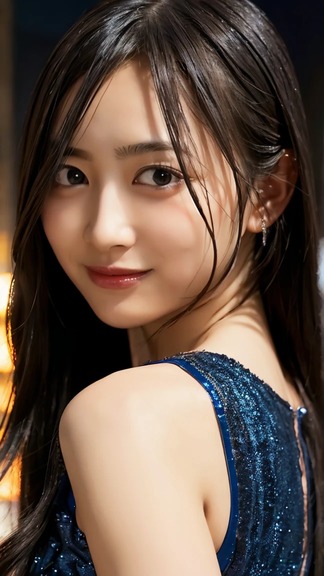 One girl,(Wearing a sparkly blue evening dress:1.2),(RAW Photos, Highest quality), (Realistic, photo-Realistic:1.4), masterpiece, Very delicate and beautiful, Very detailed, 2k wallpaper, wonderful, In detail, Very detailed CG unity 8k wallpaper, Very detailed, High resolution, Soft Light, Beautiful detailed, Very detailed eyes and face, Beautifully detailed nose, Beautiful attention to detail,Cinema Lighting,City lights at night,Perfect Anatomy,Slender body,A light smile,close,(Long hair with bangs), Large Breasts