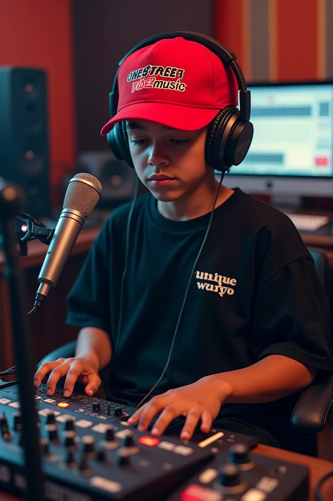 A young teenage boy sitting in his studio wearing a black shirt with a name written on his shirt written Unique Wanyo and a red heat with a headphone and a scarlet microphone and on his hat with a name written One Street Vibez Music 