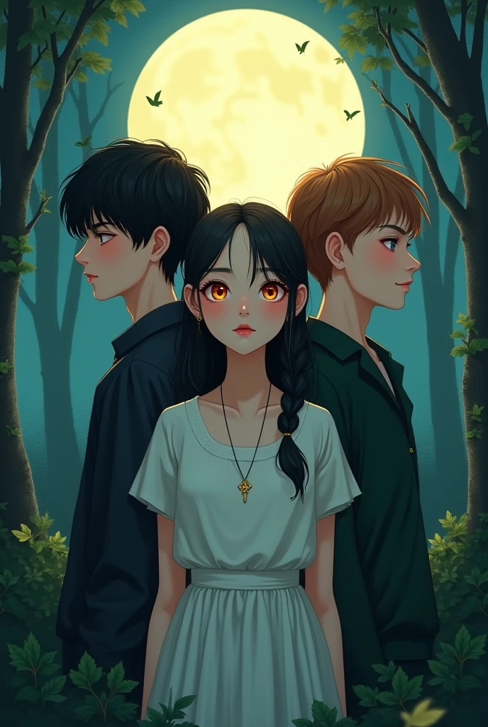 A girl in the middle, next to two young men, one with short black hair, Red eyes, pale skin and the other short brown hair, yellow eyes, big bright moon behind them, forest