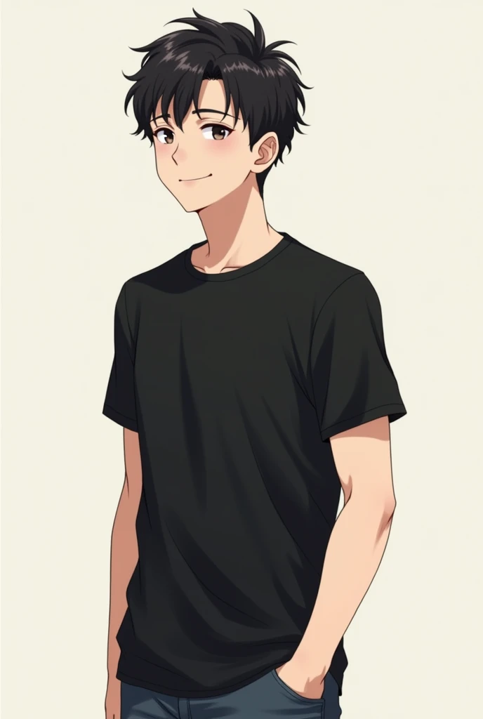 An handsome young man, standing, he looks like he's talking, he has a light smile on his face, he wears a black t-shirt and a jeans, anime style, full portrait realistic, profile side view