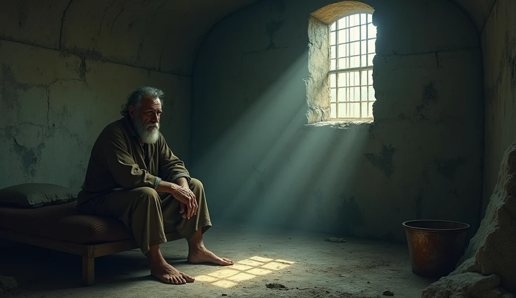 Joseph in a dark, damp cell, reflecting sadness and despair. A small window lets in a beam of light, symbolizing hope. Cold and dark colors predominate.