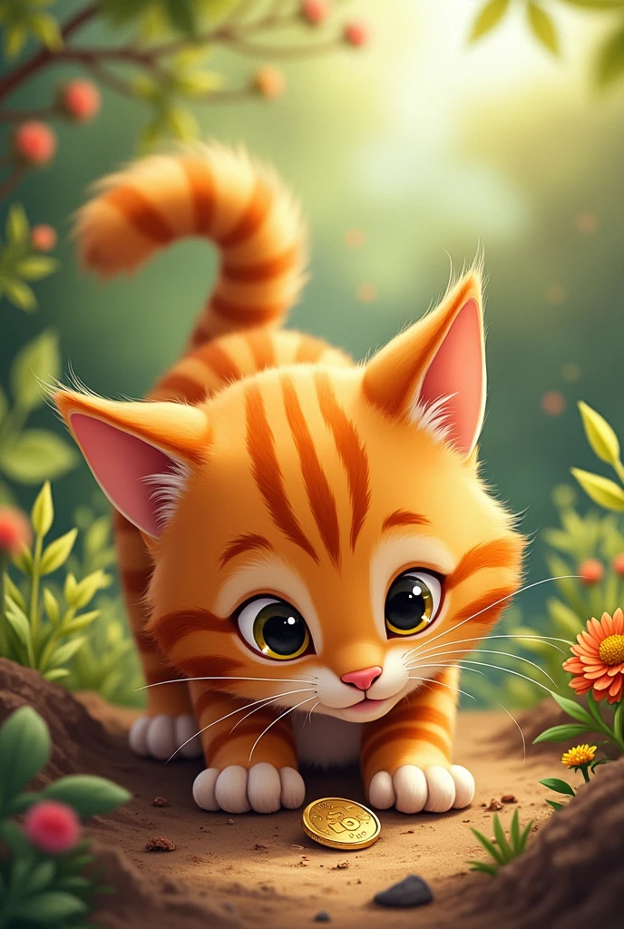 Leo the orange cat, digging in the garden, unearths a shiny coin. His eyes widen with excitement and curiosity as he discovers the treasure.