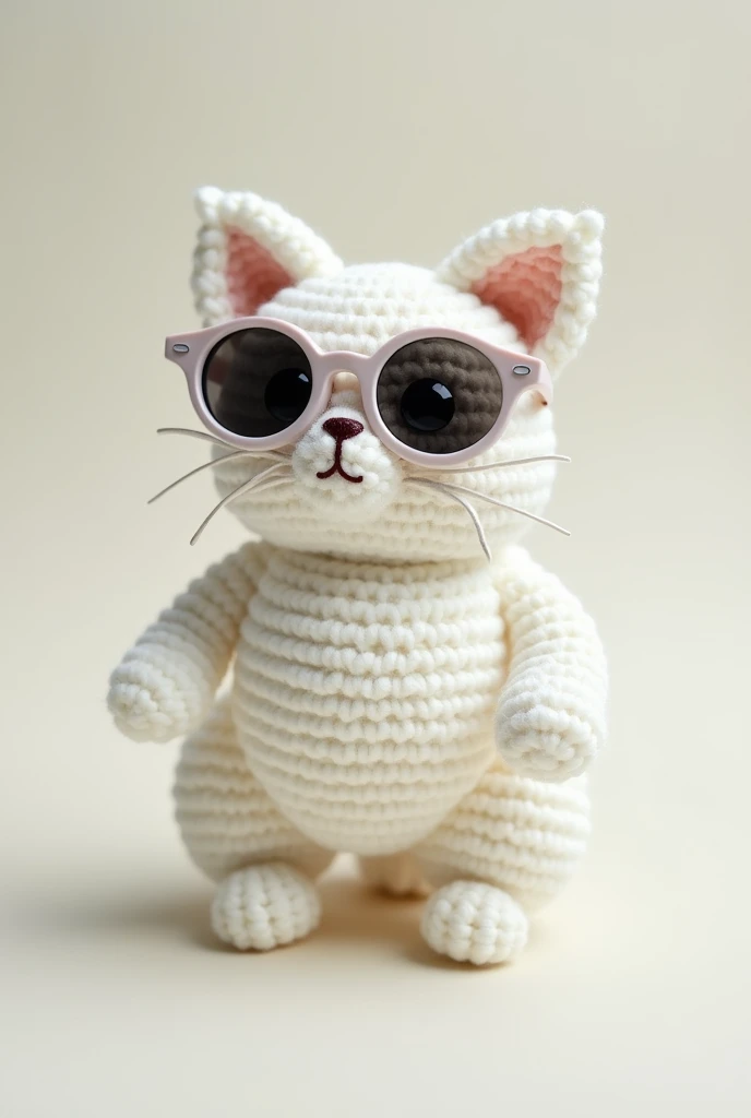 A crocheted white cat with round sunglasses, The cat that looks somewhat egocentric