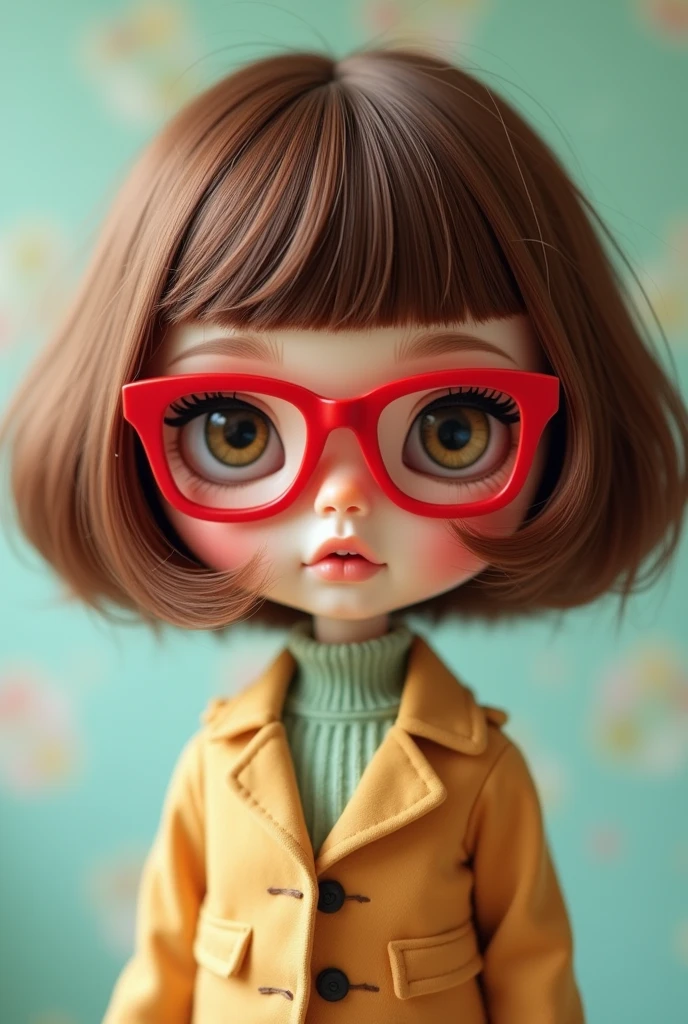 blythe doll with brown hair, side bangs, square red glasses
