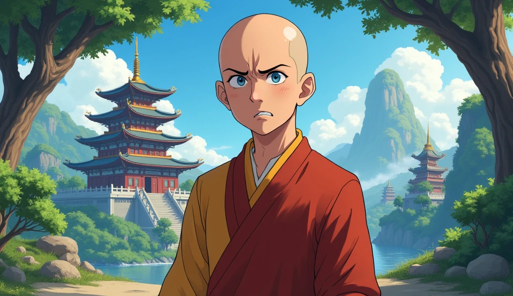 Bald monk desciple, frustrated, concerned surrounded by temples, trees, beautiful scenario, in anime style, colourful, details,