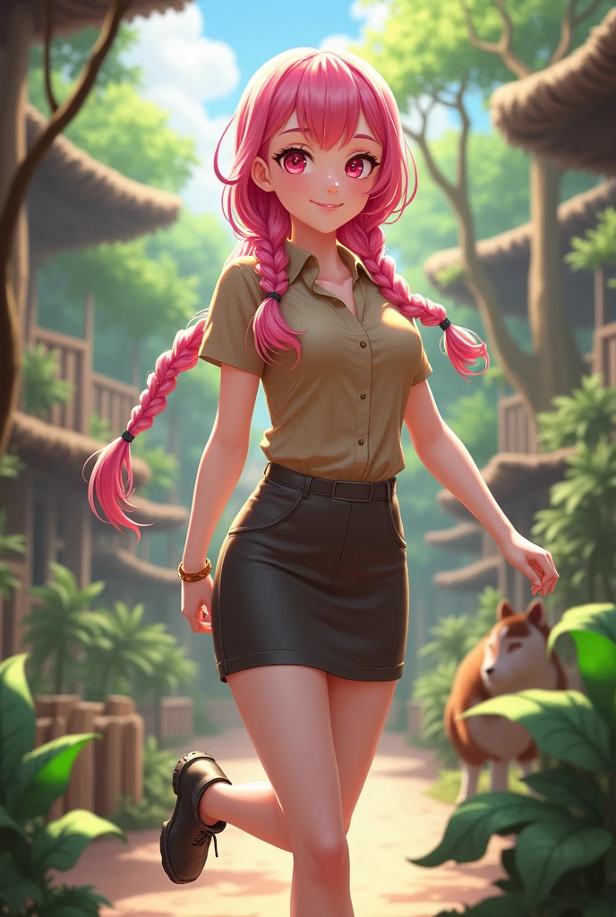 a zookeeper girl with a long pink hair styled in two loose braids. She has fair skin and red eyes. She is wearing a light brown of a short-sleeved shirt and a very short pencil skirt. She wear a black shoes.