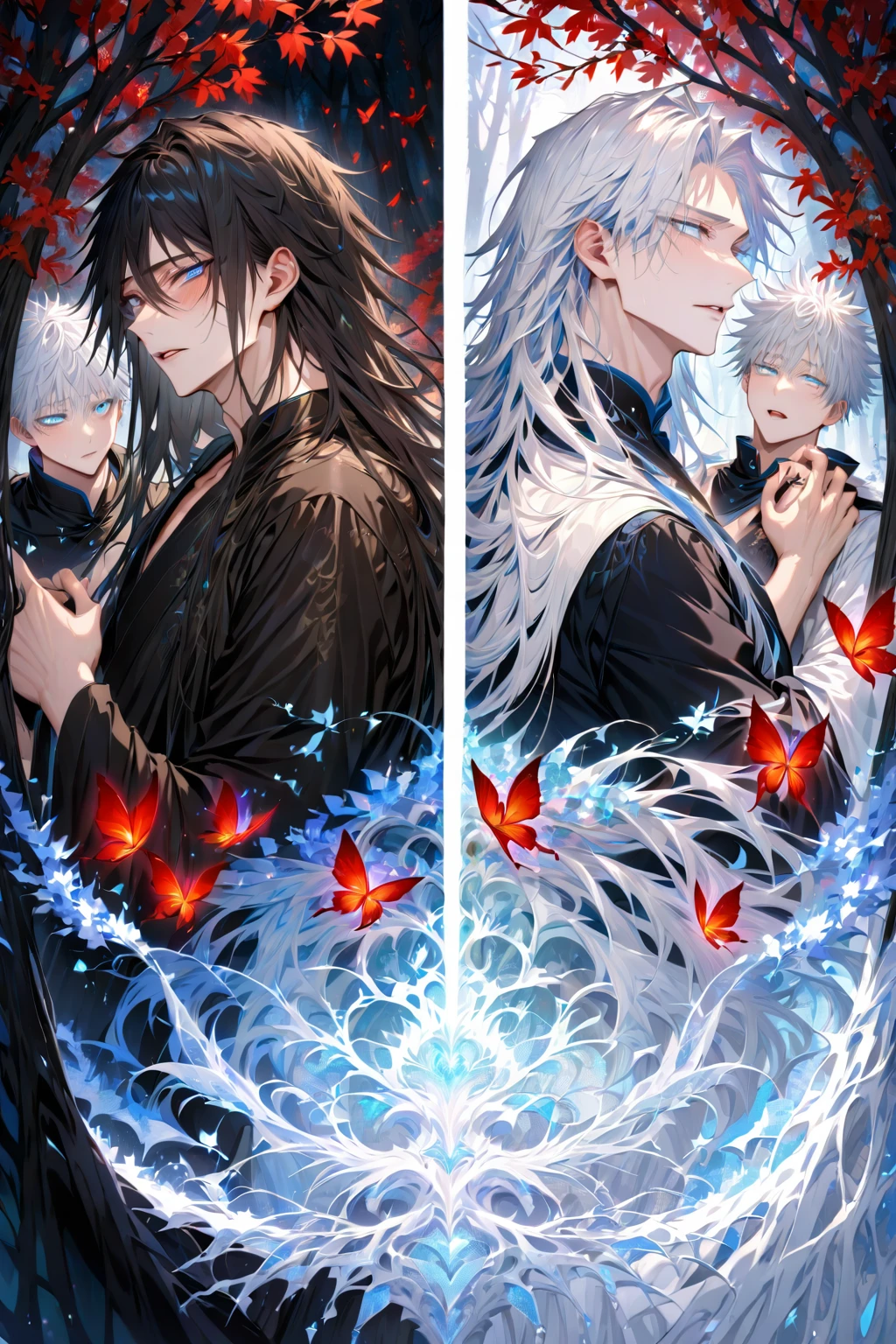 Ultra detailed, Highres, absurdres, HDR, master piece, Gojou Satoru, white hair, long hair, expressive blue eyes, white Chinese robes, Fushiguro Megumi with long hair, black hair, expressive blue eyes, Jujutsu Kaisen, two sexy man together, gay couple, yaoi, black Chinese robes, sensual, fantasy, blue magical, accessories, red butterflies, forest, red leaves,