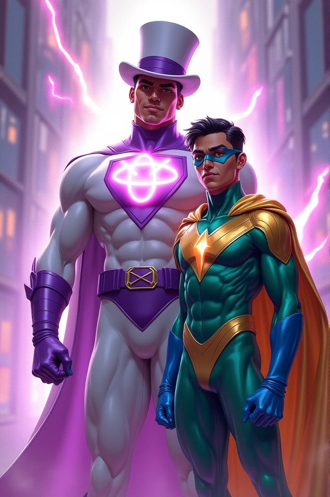 Gay Superhero, white look with lilac details , wears top hat, A on the chest, Grinning,rays of light coming out of the hands, atom symbol.
Your hair is black, latin man, your boyfriend wears a green and sky blue look, wears a golden cape