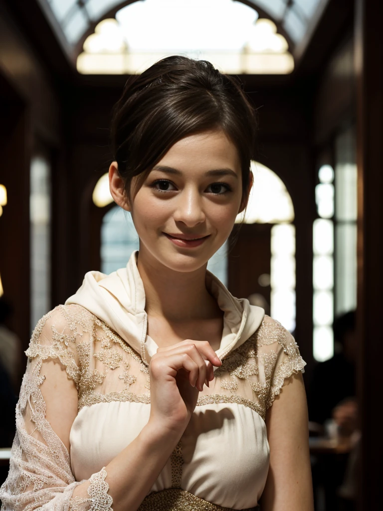 a Close-up portrait of gorgeous smiling cute Japanese woman in a glamorous lacy dress outfit, delicate facial features, porcelain-skinned, ponytail, a fusion of young Marion Cotillard's striking eyes and young Anne Hathaway's introspective gaze, long and slender cute face, curved eyebrows, droopy hooded eyes, lower nasal bridge, slim wavy nose, smiling, thin lips, short pixie cut hair, silhouette, bokeh, outstretched right hand to begging to the viewer, skylight atrium lounge background,  depth of field, photo, film,