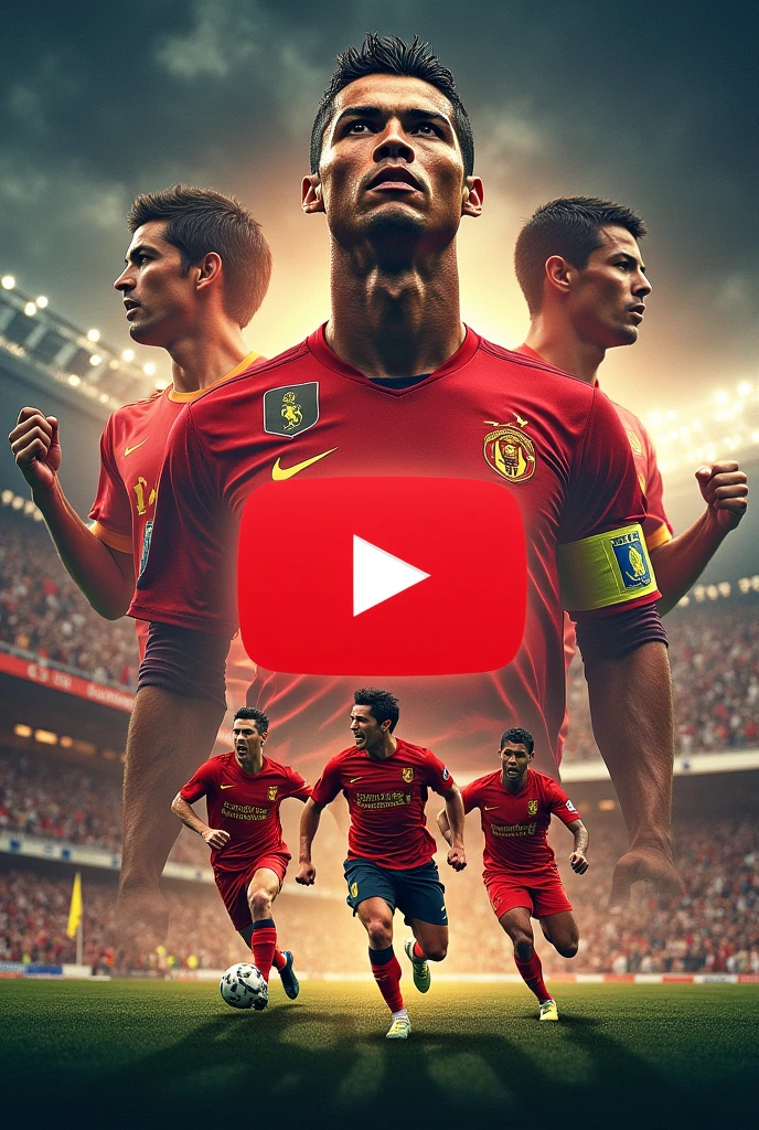 A dynamic collage of Ronaldo's most memorable football moments, with a glowing "YouTube" logo integrated into the design.Hyper realistic