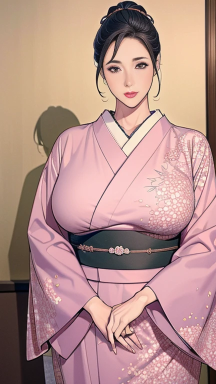 1,Japanese hairstyle,Photorealism,detailed,masterpiece,mature,((full)), (Broad shoulders), ((Huge)),Plus size mature women,expensive,30 years old,Pretty face, (Plump woman),Beautiful long-sleeved kimono,kimono,Hold your chest with both hands:1,high quality,Are standing,High Resolution 4K Information,Kyoto,