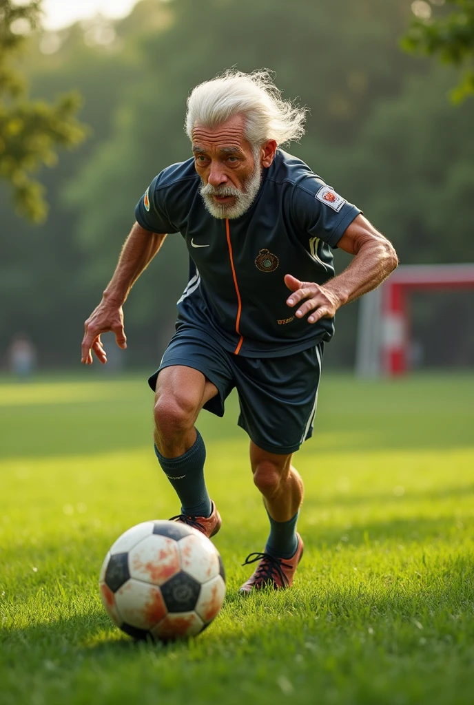 (photorealism:1.2) man playing football in the playground