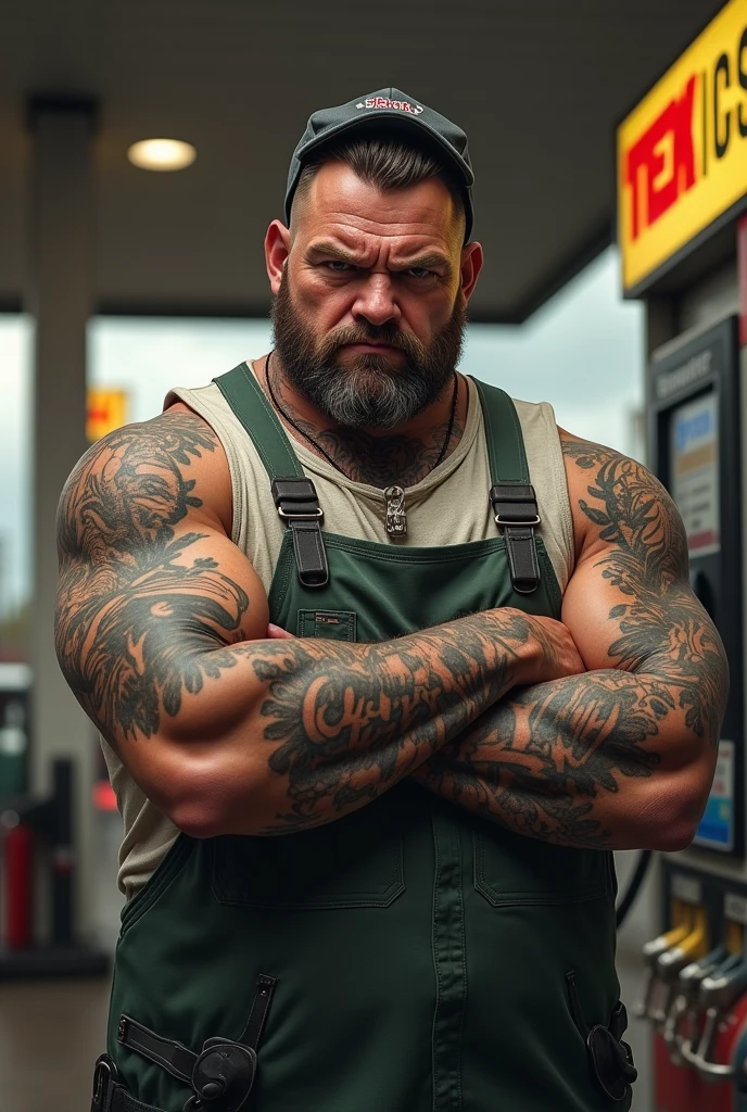 german gas station man tattooed and squinting without beard looks stupid ed gas station