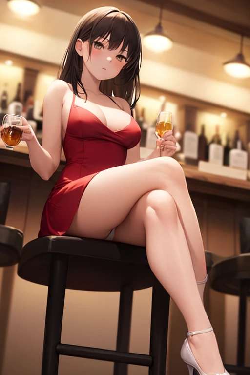 ((Best Quality)), ((masterpiece)), ( Very detailed), 1 girl, with a short red dress, neckline, crossed legs, sitting, in a bar, 21 years, white panties,black heels,((Whole body)),((view from below))