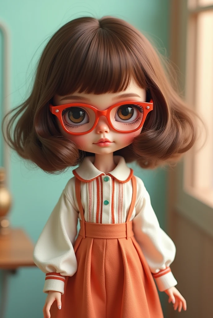 blythe doll with brown hair, side bangs, square red glasses