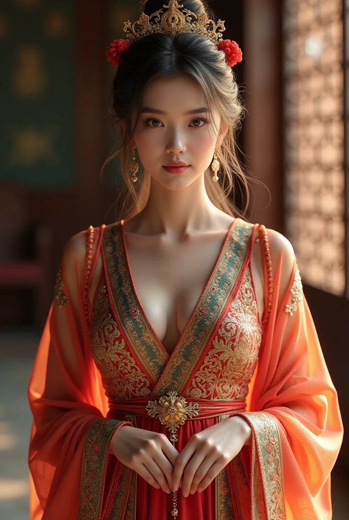 a beautiful female model in traditional Asian cultural outfit, intricate detailed dress with vibrant colors, elegant pose, serene facial expression, high quality digital illustration, cinematic lighting, photorealistic, masterpiece