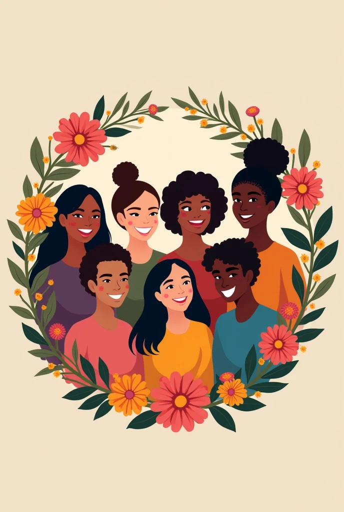 I want a circular image that is with flower borders around the image and the image is about discrimination where it is in different people of ethnic origin where they are happy and smiling that is