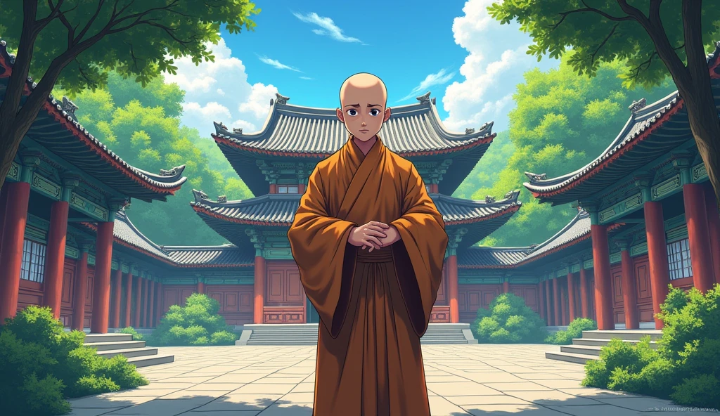 Bald monk desciple, frustrated, concerned surrounded by temples, trees, beautiful scenario, in anime style, colourful, details, standing,