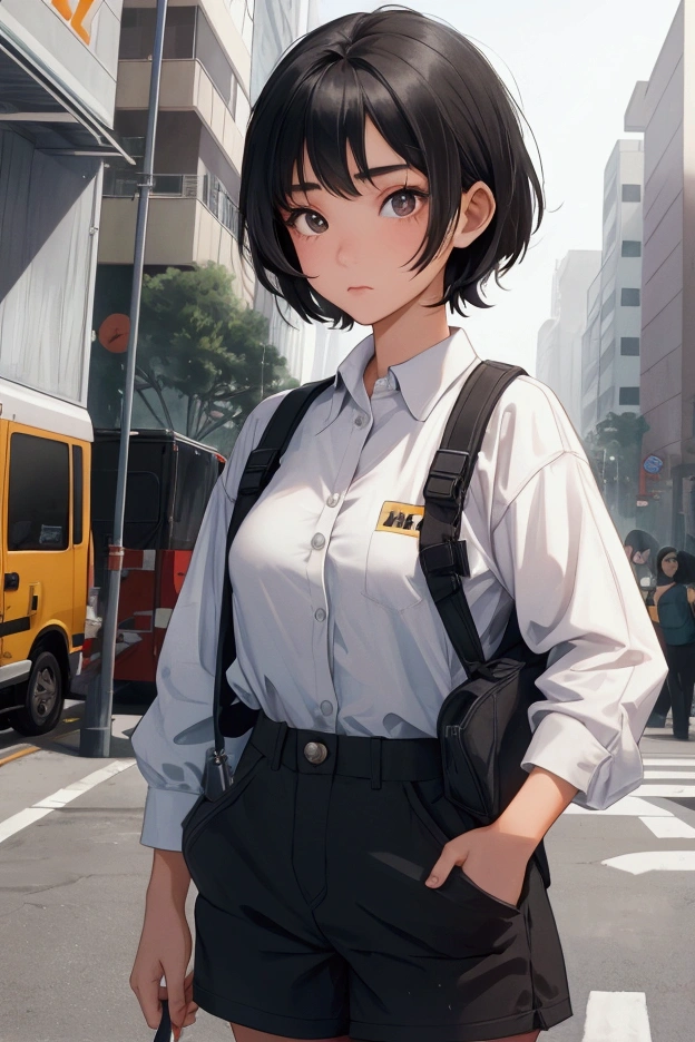 Teenage Asian girl with short black hair. Wearing construction worker outfit. Shy facial expression.