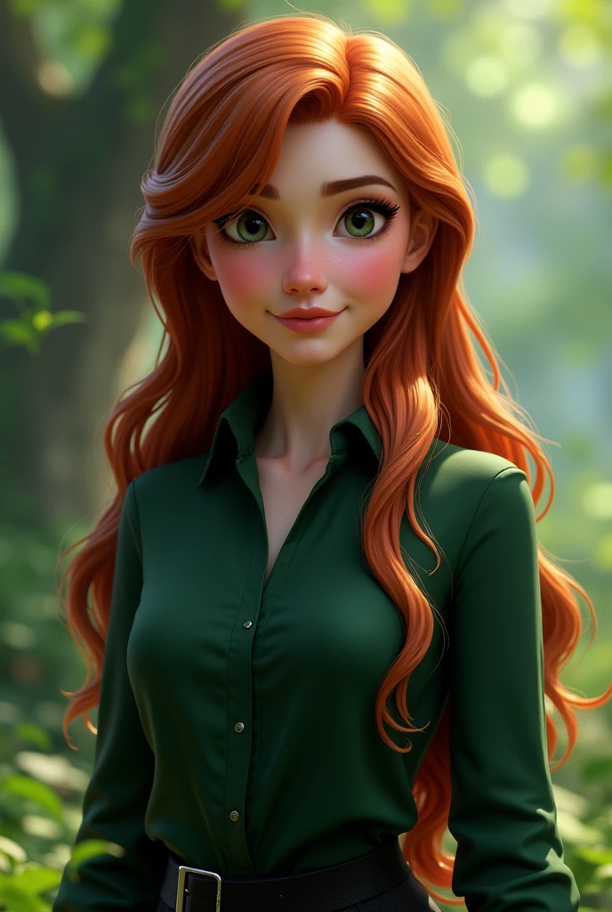 Elsa from Frozen, modern, sharp facial features, realistic, cartoon art, deep auburn hair, wearing a dark green button down formal collared shirt, background should be a green garden, voluminous long hair let down, curtain bangs