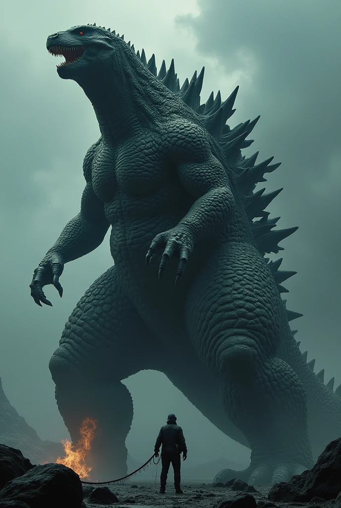 (Make a godzilla)(turn him around)(increase the size of his )(increase the size of his assre)