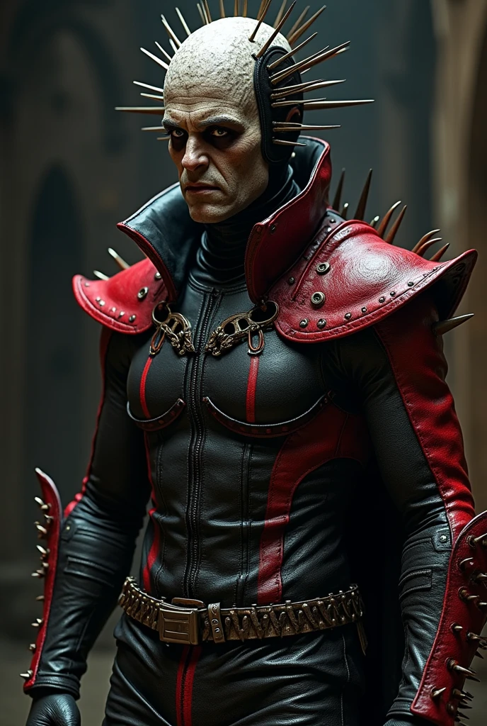 Create a male character with a look inspired by the Hellraiser franchise who wears a Petra-colored leather outfit with red parts and has parts that resemble armor and the outfit covers his entire body and wears a leather helmet and has spikes coming out of his face and shoulders and wears a mask