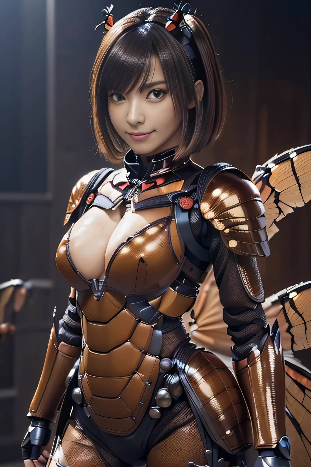 (high resolution,masterpiece,best quality,extremely detailed CG, anime, official art:1.4), realistic, photo, amazing fine details, all intricate, gloss and shiny,awesome many layers, 8k wall paper, 3d, sketch, kawaii, illustration,( solo:1.4), perfect female proportion,villainess, (fusion of dark brown cockroach and lady:1.4), (brown cockroach form lady:1.2), (brown cockroach lady:1.2), (fusion:1.2), (solo:1.4), (evil smile:1.2), muscular, abs, (cockroach brown exoskeleton bio insect suit:1.4), (cockroach brown exoskeleton bio insect armor:1.2), (brown transparency cockroach wing:1.4), (brown cockroach antennae:1.3),