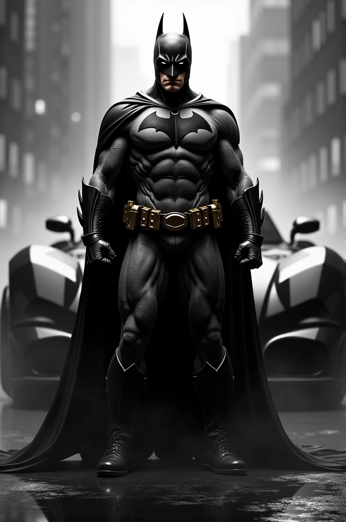 Batman in very masculine pose, black and white , background should be vibrant and bright , behind batman there is his bat vehicle, batman have details in his suit, below the surface looks smoky and dark whole image is black & white except background there is little touch of building not detailed