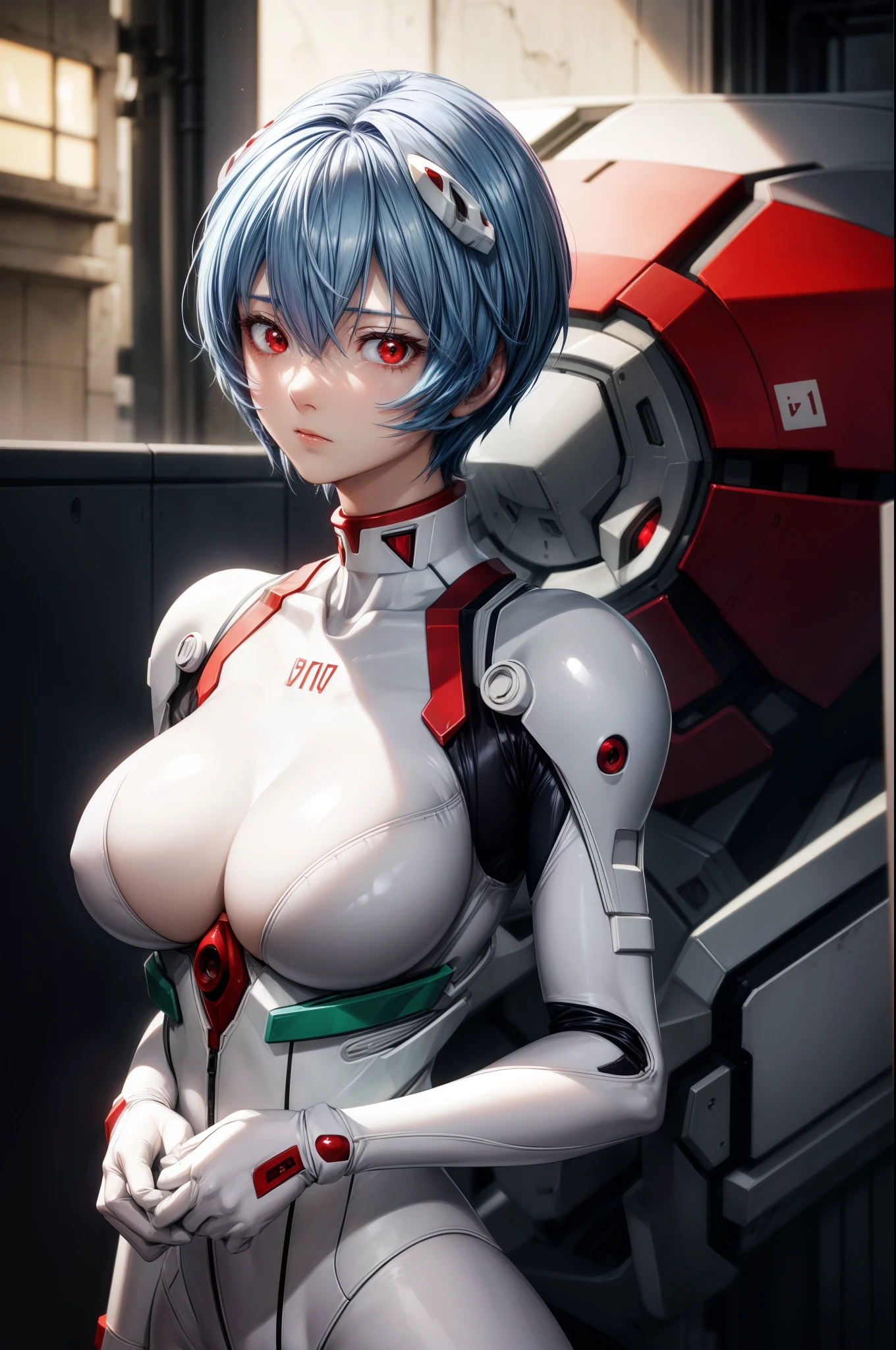 Rayanami, Rei Ayanami, Blue Hair, short hair, (Red eyes:1.5), break bodysuit, headgear, Plug Suit, White bodysuit, break outdoors, city, break looking at viewer, break (Big Breasts:1.4),(masterpiece:1.2), Highest quality, High resolution, unity 8k wallpaper, (figure:0.8), (Beautiful attention to detail:1.6), Highly detailed face, Perfect lighting, Highly detailed CG, (Perfect hands, Perfect Anatomy),