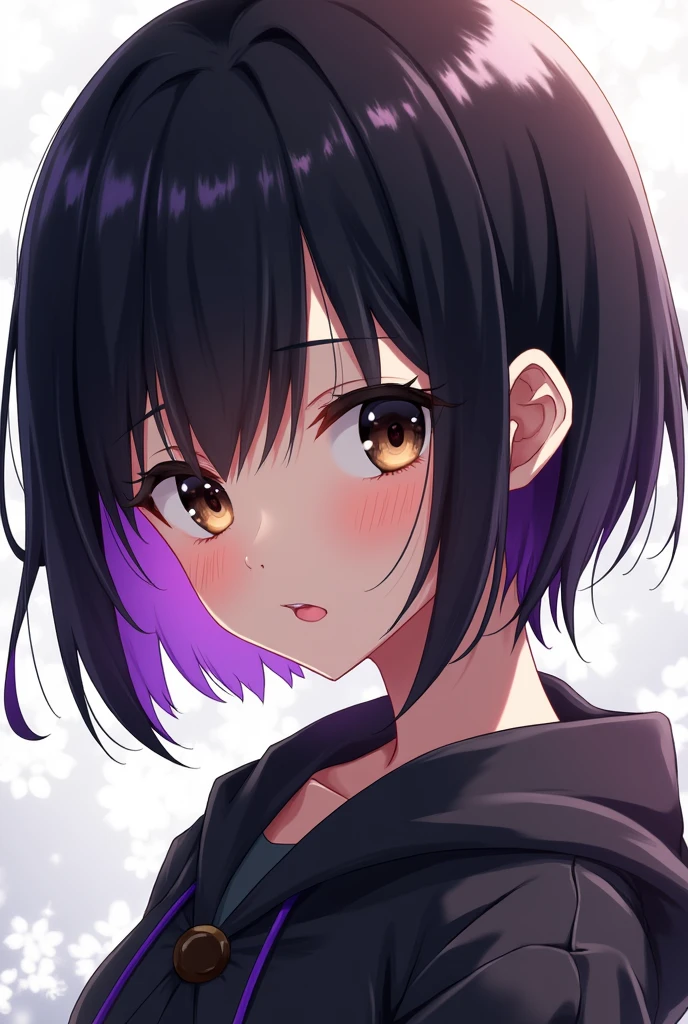 Create a black anime girl with short black hair with purple highlights and brown eyes 