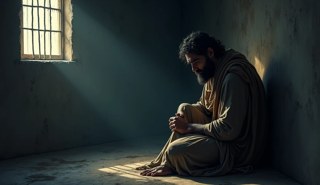 Joseph of Egypt in a dark and damp cell, reflecting sadness and despair. A small window lets in a beam of light, symbolizing hope. Cold and dark colors predominate.