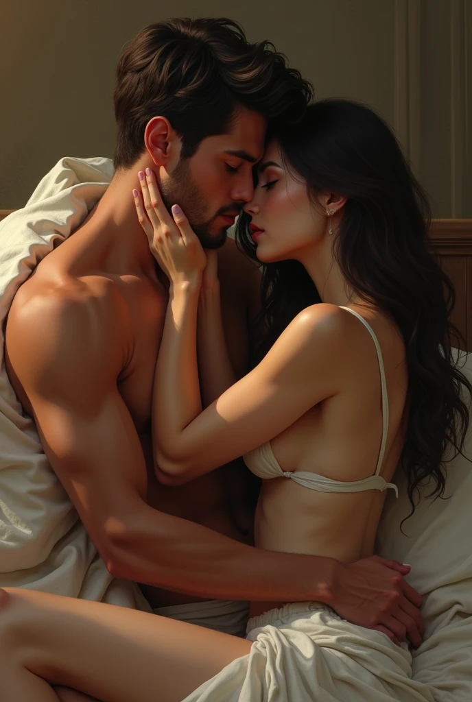 Beautiful girl kisses handsome guy in bedroom