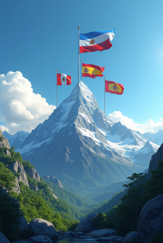 A mountain with the flags of Argentina, Colombia, Spain and MexicoAnimated