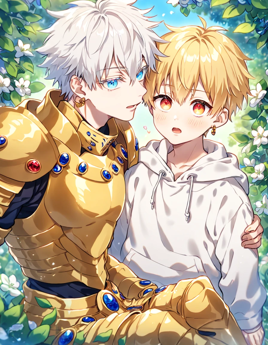 absurdres, highres, ultra detailed, HDR, master piece, best quality, extremely detailed, detailed eyes, detailed face, Gilgamesh, blonde hair, golden earrings, expressive red eyes, Fate Stay Night, Gojou Satoru as a kid, white hair, expressive blue eyes, white eyelashes, a adult man together with a boy of ten years old, yaoi, gay couple, handsome, fantasy, golden armor, white hoodie, spring, flowers, green leaves, magical forest, dark fantasy, blue sky, Jujutsu Kaisen