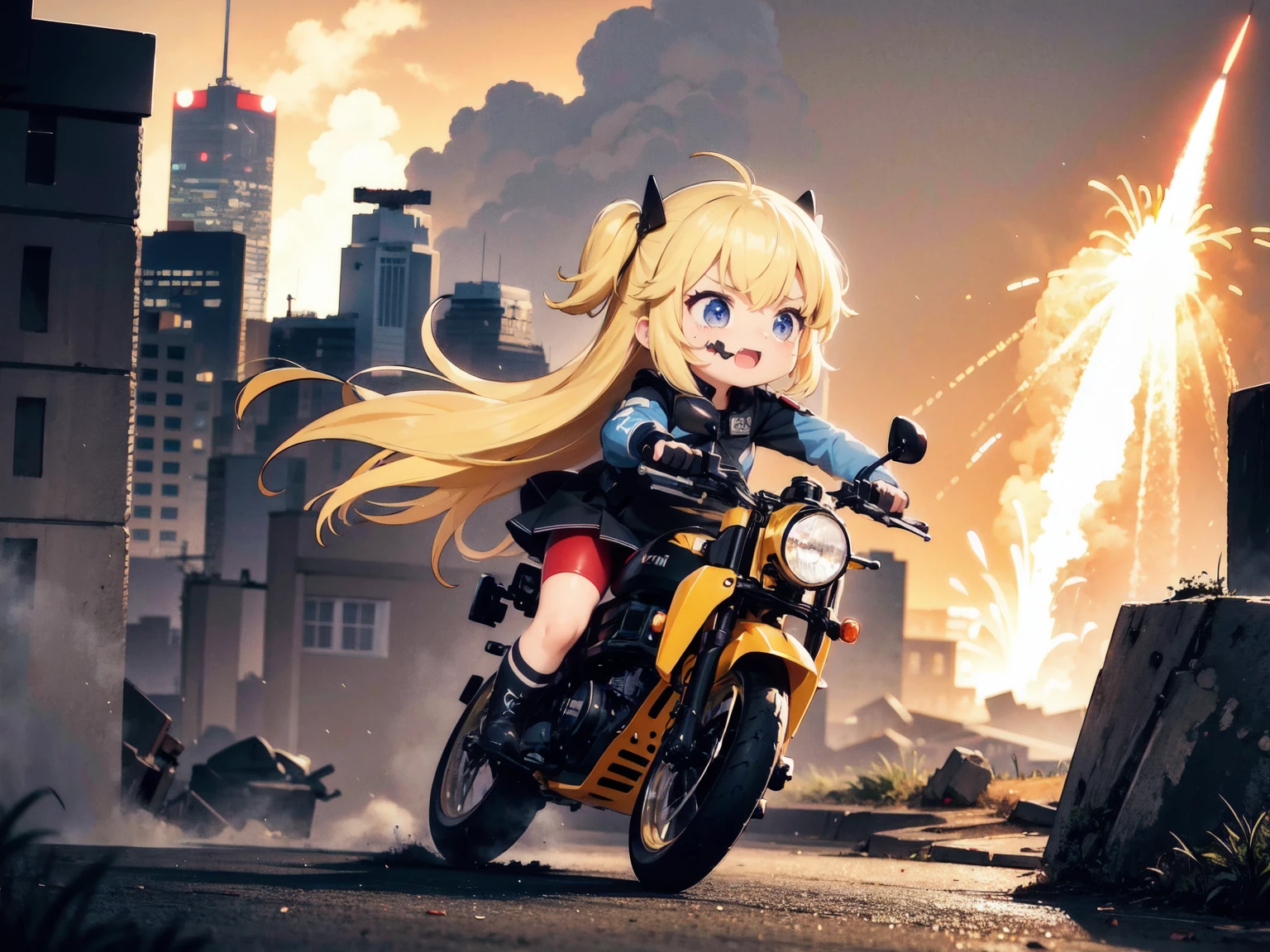 Riding a bike equipped with a laser gun、Girl in uniform、Blonde hair color with glitter and sparkles、holding a rocket launcher、Black boots、Dark ruins、White mist around the girl、手放しでバイクを運転し両手でholding a rocket launcher、The skirt flips up and her underwear is visible