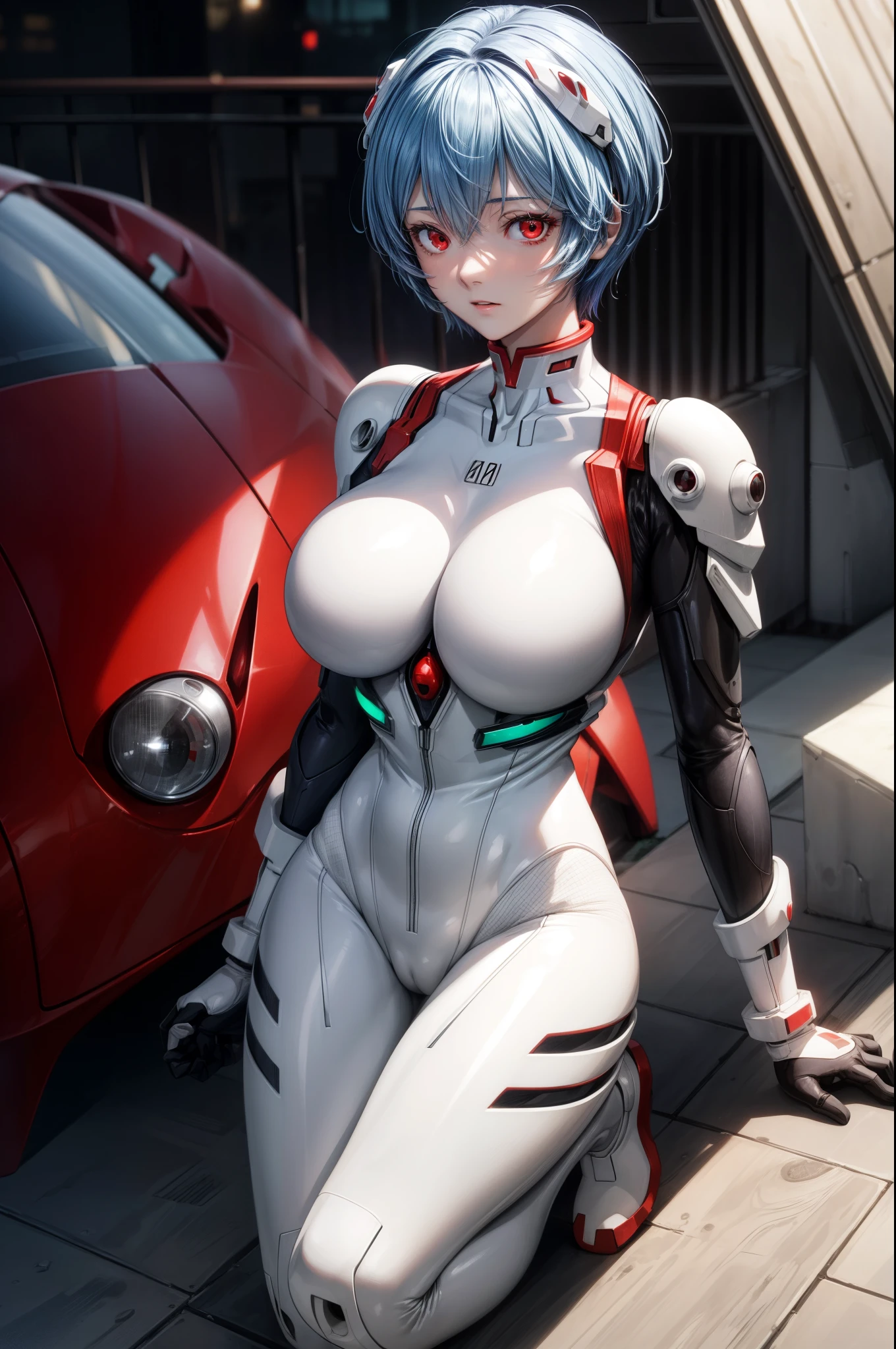 Rayanami, Rei Ayanami, Blue Hair, short hair, (Red eyes:1.5), break ????????, headgear, Plug Suit, White ????????, break outdoors, city, break looking at viewer, break (???????????:1.4),(masterpiece:1.2), Highest quality, High resolution, unity 8k wallpaper, (figure:0.8), (Beautiful attention to detail:1.6), Highly detailed face, Perfect lighting, Highly detailed CG, (Perfect hands, Perfect ???????),