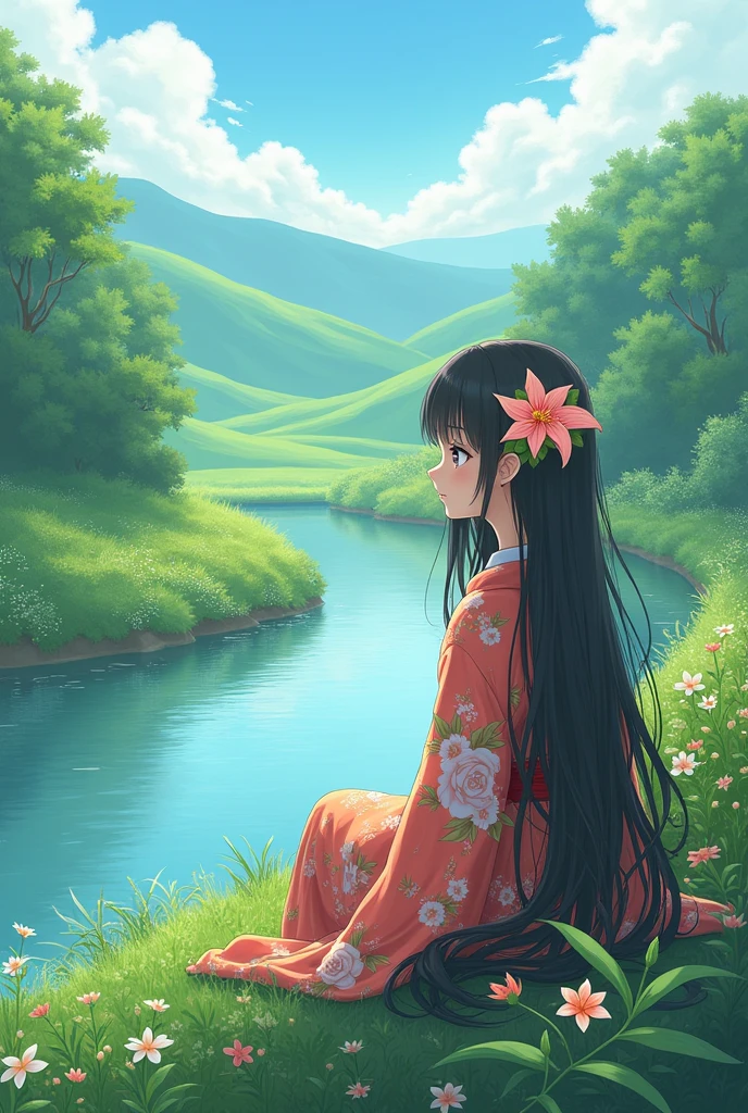 A anime character girl sitting on a river side and a beautiful flower in her heir , landscape, give another green valley