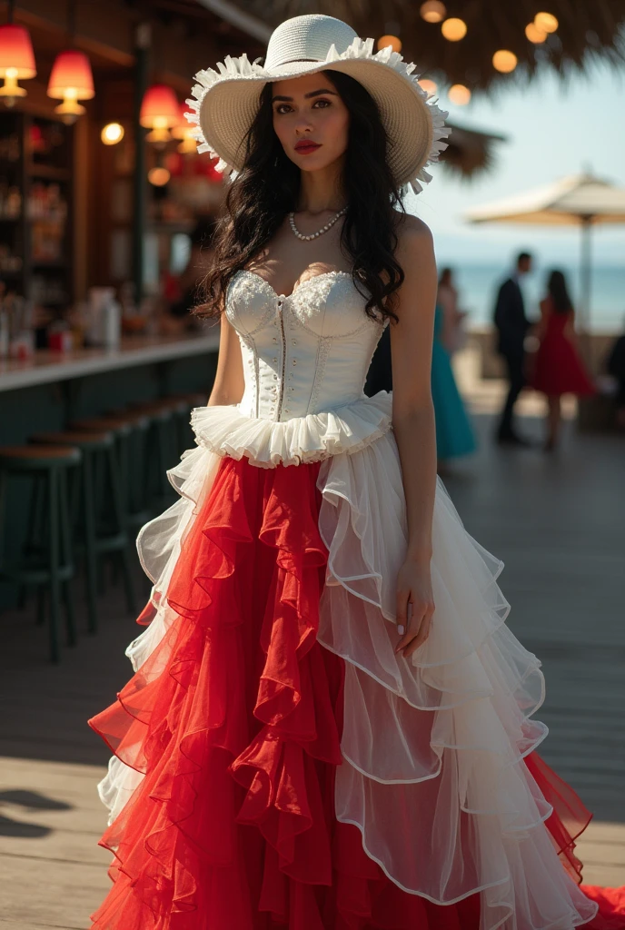 Take a picture of Maria Navalha from the pier at the bar, with a white corset and a skirt with 7 ruffles, taking turns between them, a white frill, a red frill, starting with red, and the hat 
