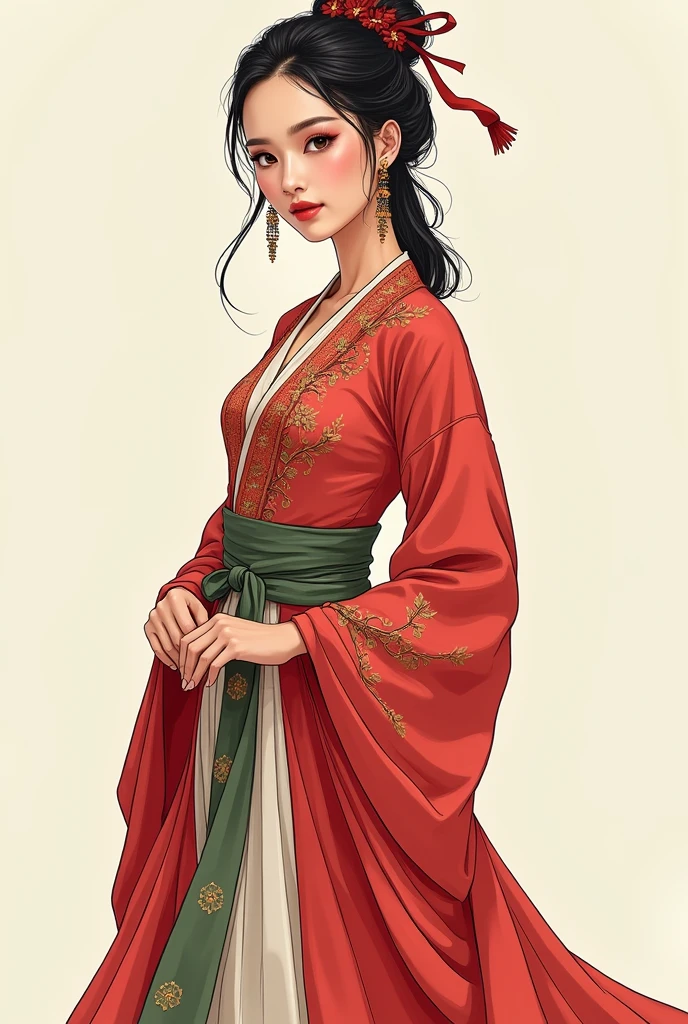 Illustration of a modern female model posing in traditional outfit