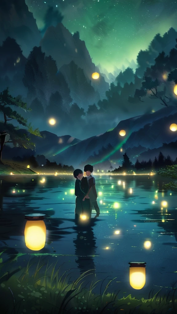 A lake at night with lots of fireflies flying around、Young men and women hugging each other、Wonderful landscape,Cinematic atmosphere,