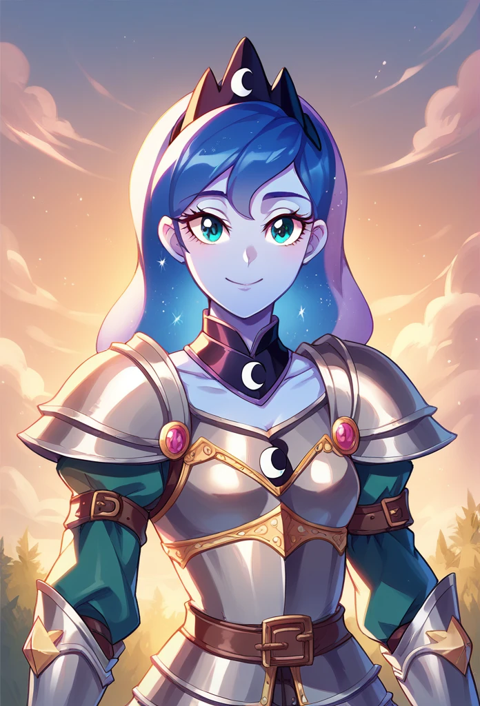 Princess Luna from Equestria Girls, looking at the viewer, Sunset, pretty eyes, beautiful face, small breasts, medieval armor, Full armor, with a dragon in the background, Beautiful smile, Armor that covers the entire body.. , Armor that covers the entire body.., facing a dragon