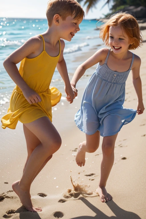 Happy sweden youngs kids with short ginger hair, dressed in light short summer dress, play together, happy show her on a scorching summer day on the beach off Ile-Tudy, after long swim in a sports position 