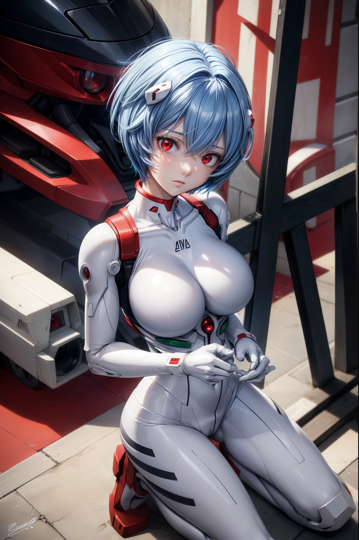 Rayanami, Rei Ayanami, Blue Hair, short hair, (Red eyes:1.5), break bodysuit, headgear, Plug Suit, White bodysuit, break outdoors, city, break looking at viewer, break (Big Breasts:1.4),(masterpiece:1.2), Highest quality, High resolution, unity 8k wallpaper, (figure:0.8), (Beautiful attention to detail:1.6), Highly detailed face, Perfect lighting, Highly detailed CG, (Perfect hands, Perfect Anatomy),