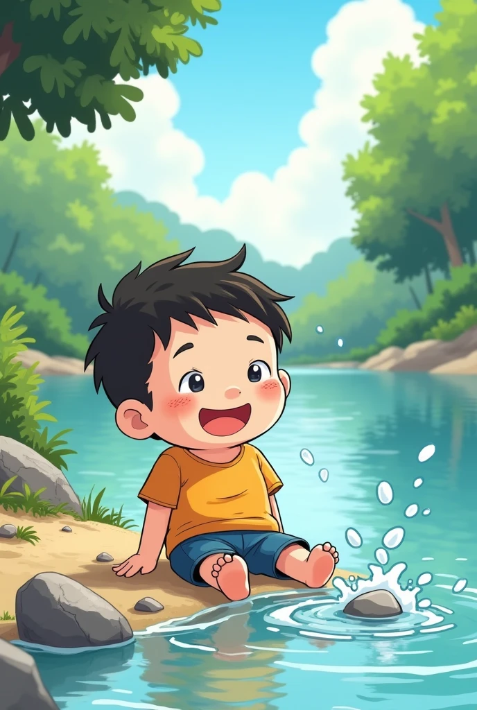 Hans throws stones into the water, Sitting on the shore, smiling and relaxing Draw a comic with chibi in anime for kids