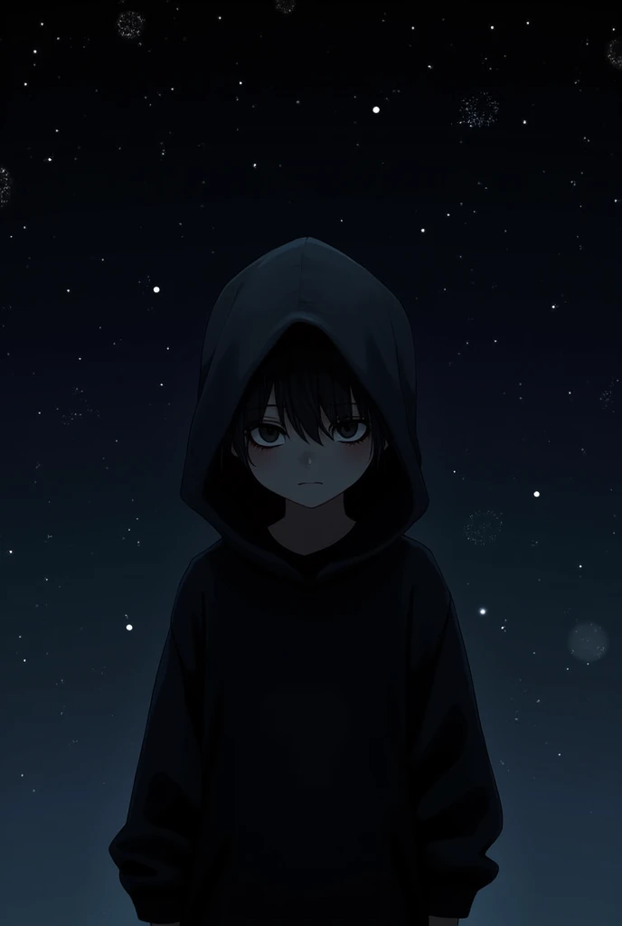 1 boy he dress up with a black hudi and black eyes background starry night
