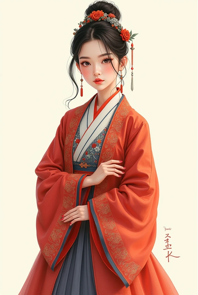 Illustration of a modern female model posing in traditional outfit