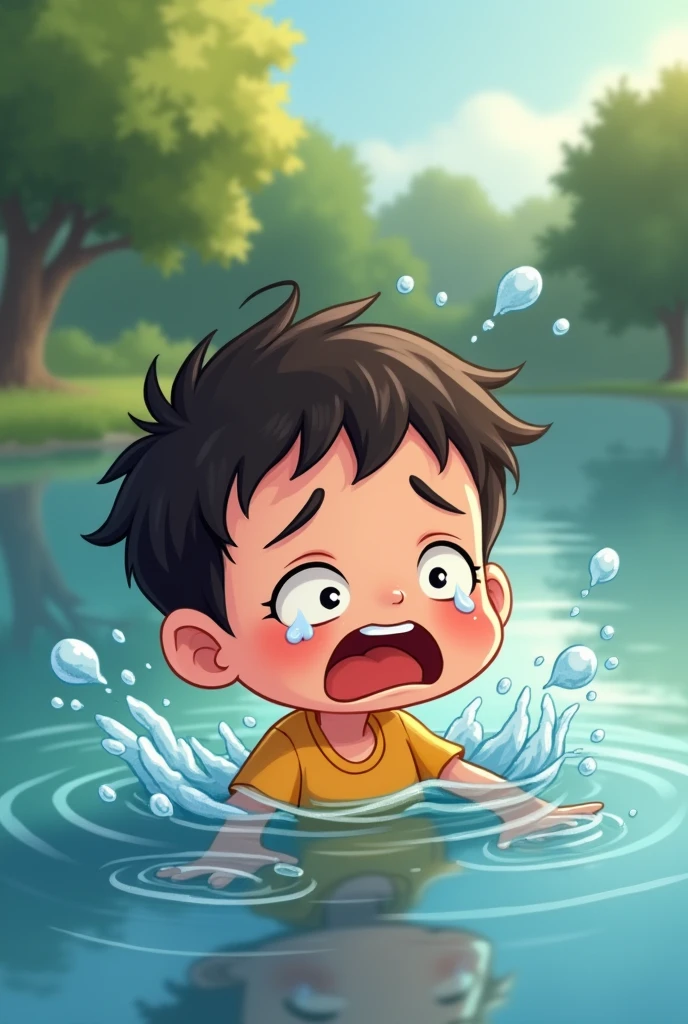 Small cartoon boy drown in water and crying